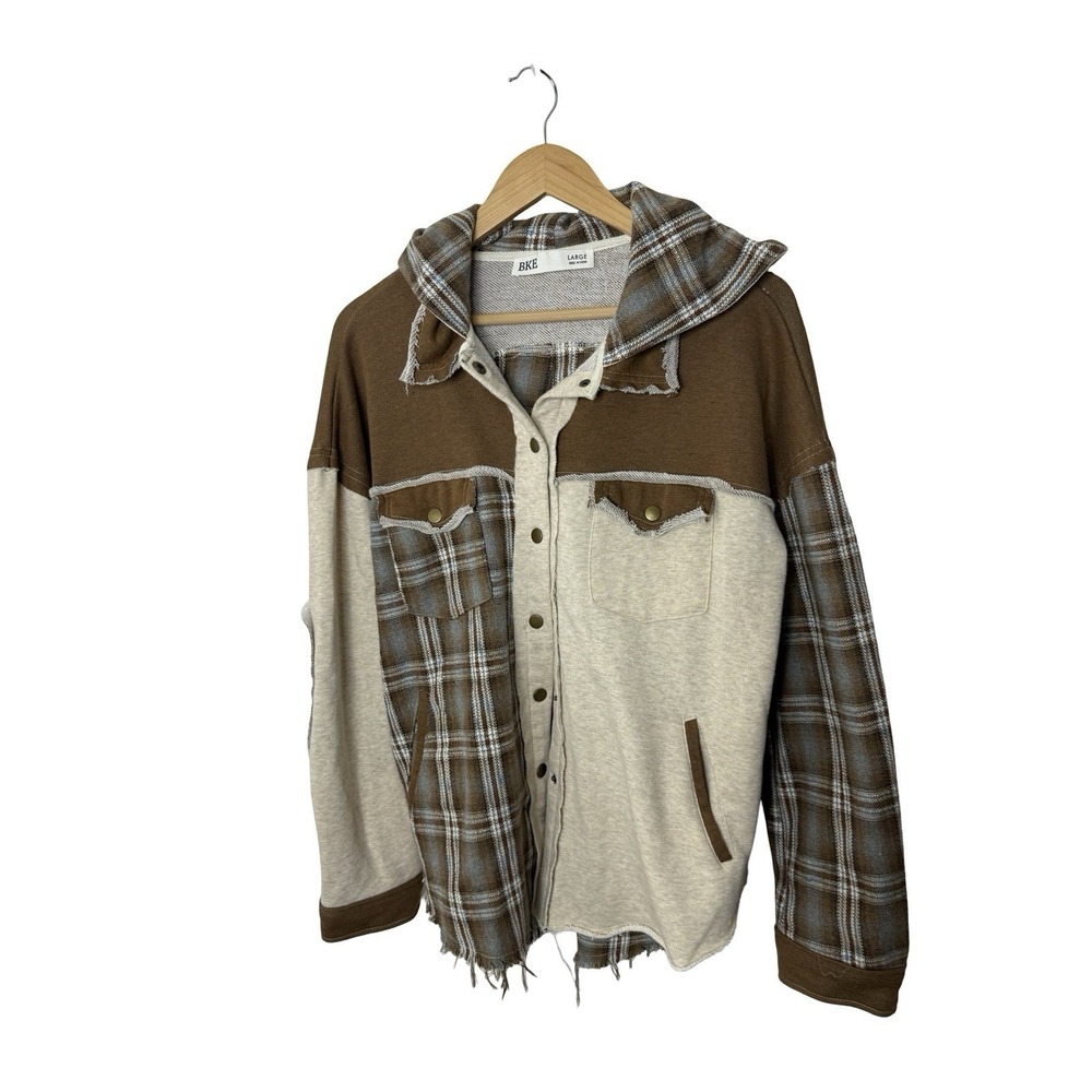 BKE Buckle Women's Large brown Plaid Pieced Flannel Hooded Shacket Grunge
